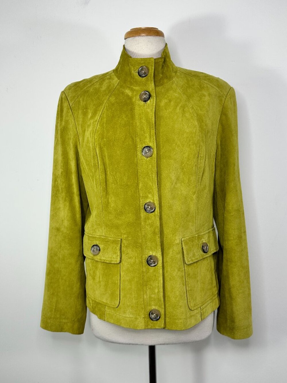 MARSHALL FIELDS Avocado Green Genuine Suede Button Down Jacket Funnel Neck Sz 14